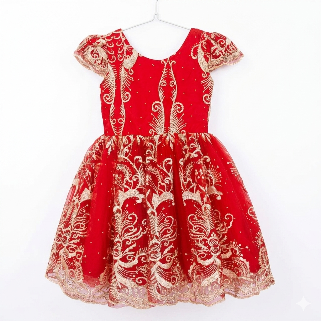 Royal Crimson & Gold Embroidered Kids' Dress (ages 6-7)
