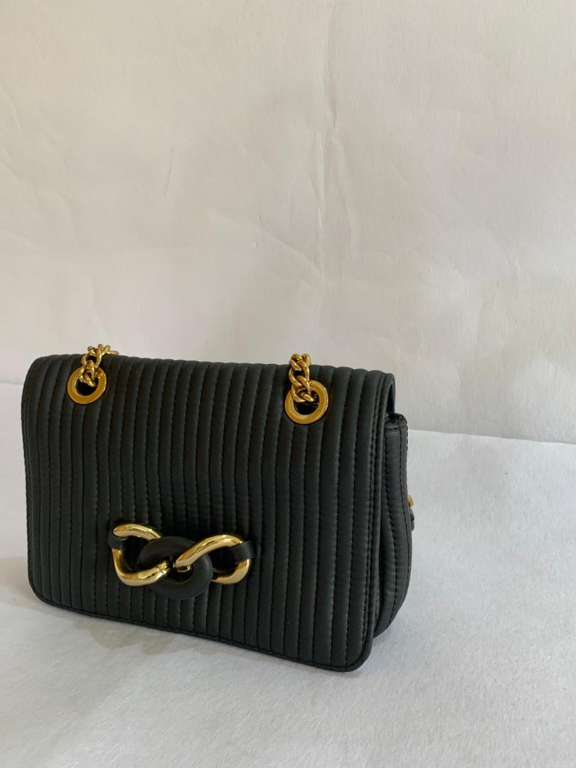 Matte Noir Vertical-Ribbed Chain Flap Bag
