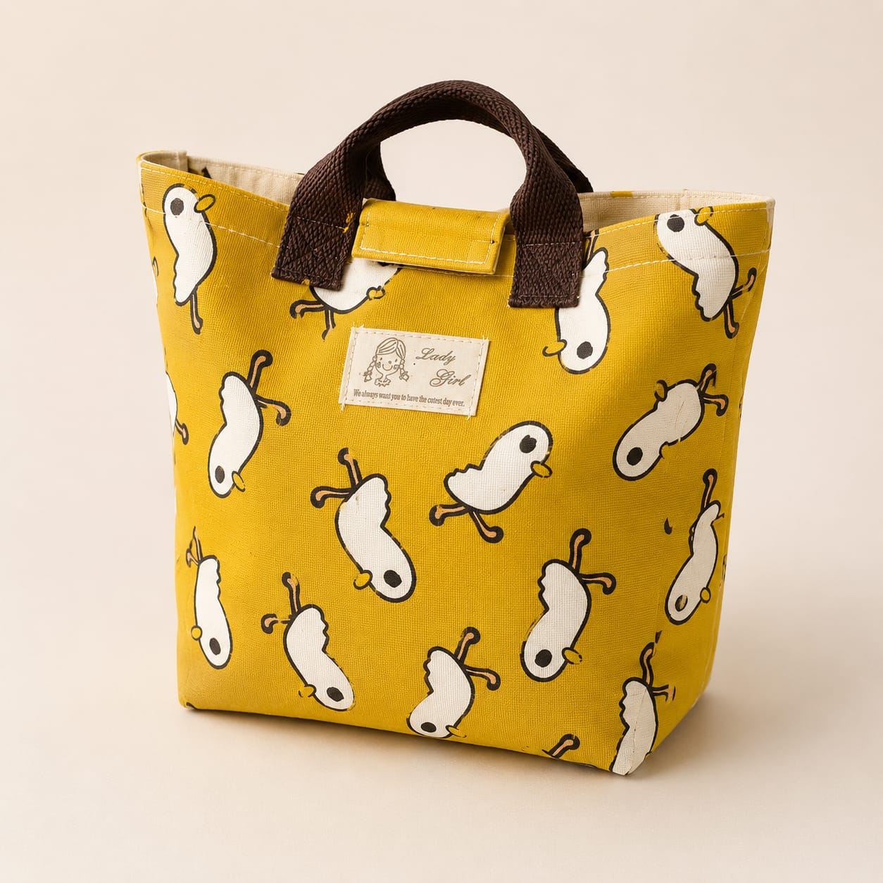"Lady Girl" Quirky Duck Print Insulated Lunch Tote
